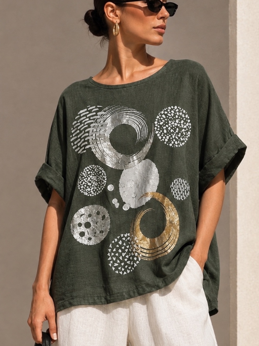 Made in Italy Linen Olive Green Metallic Circle Print Relaxed Women's Top